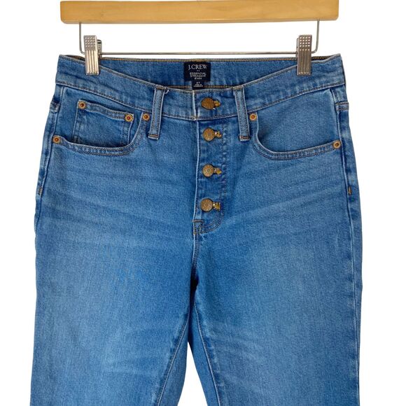 J Crew Jeans Women's 27 Blue Essential Straight Jean Button Fly Cut Off Fray Hem - Picture 2 of 8